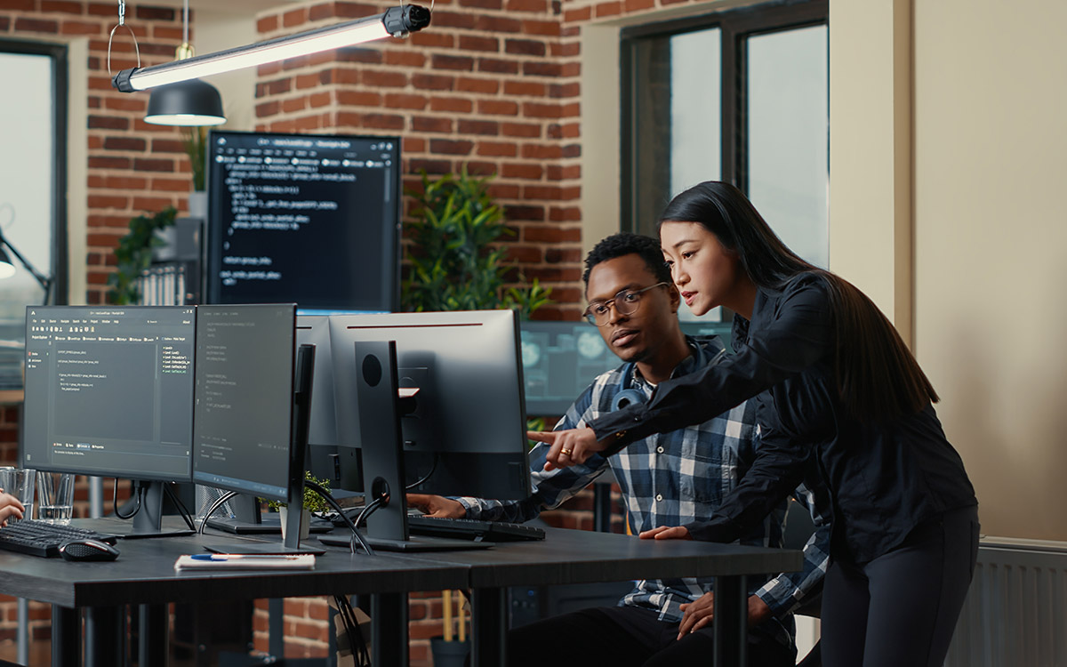 Two software developers with coding interface